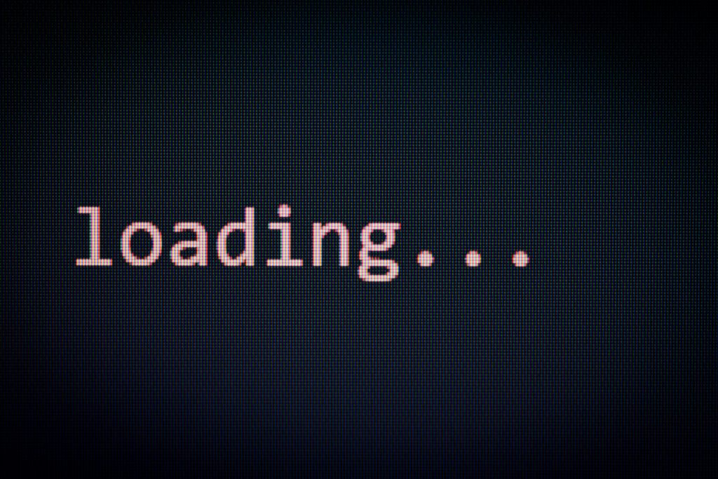 loading message display screen black background data progress loading complete alert computer network system software concept